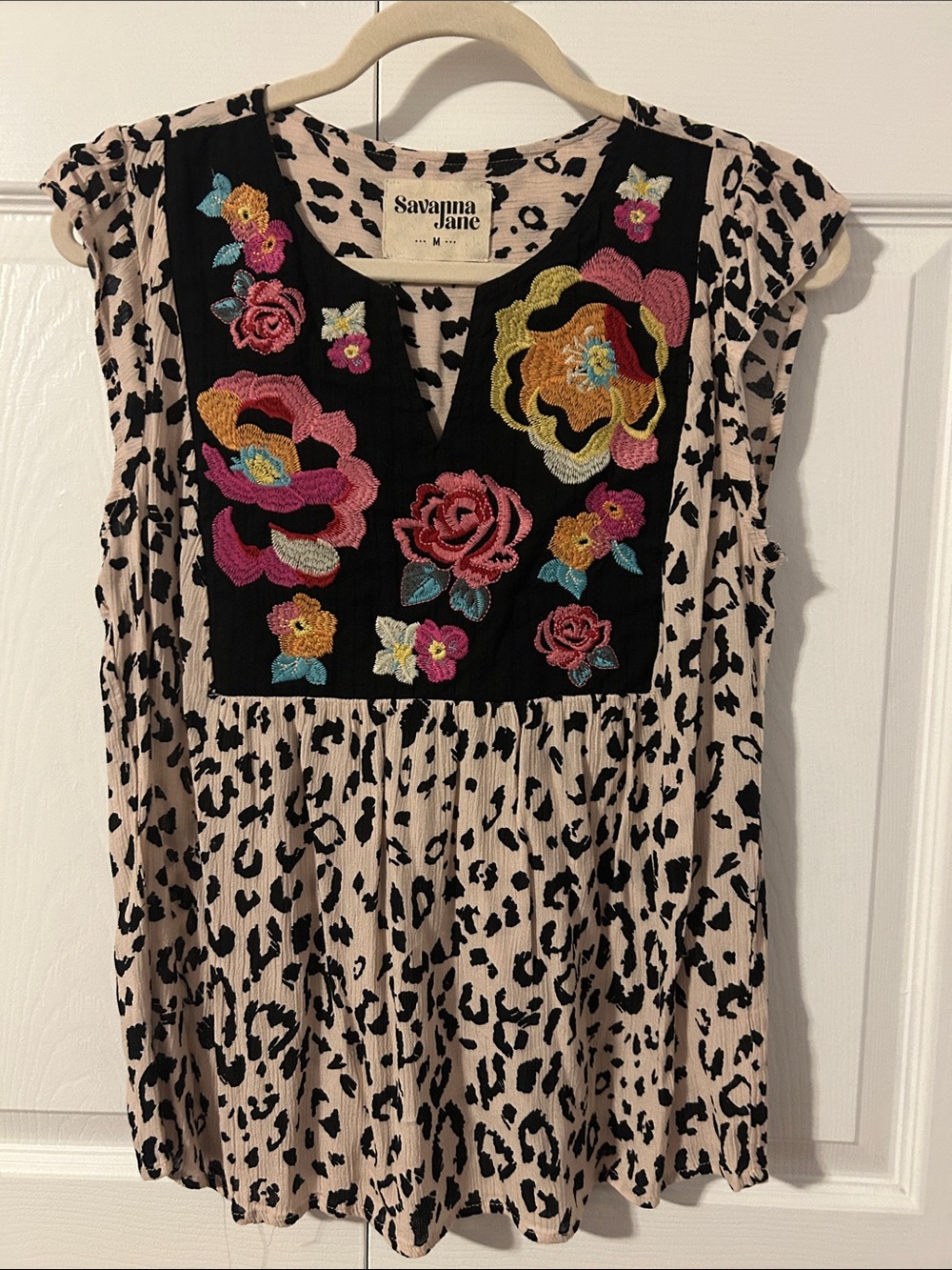Savanna Jane Woman’s Leopard Print Top with Floral Embroidery